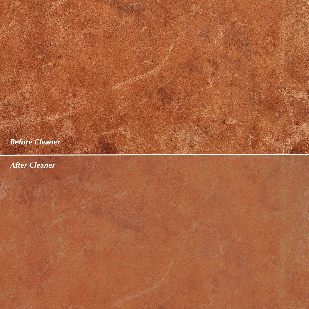 Comparison of a leather surface before and after cleaning with text labels.